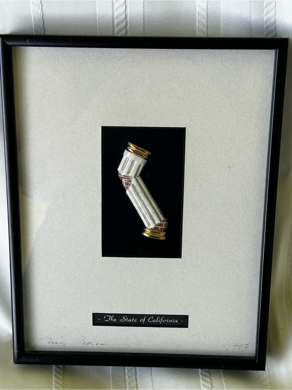 Vintage 1993 Framed Signed Wall Art Column White Gold Black California Decor
